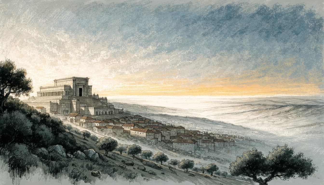 An illustration of ancient Jerusalem and a temple viewed from a hillside with a glowing horizon.