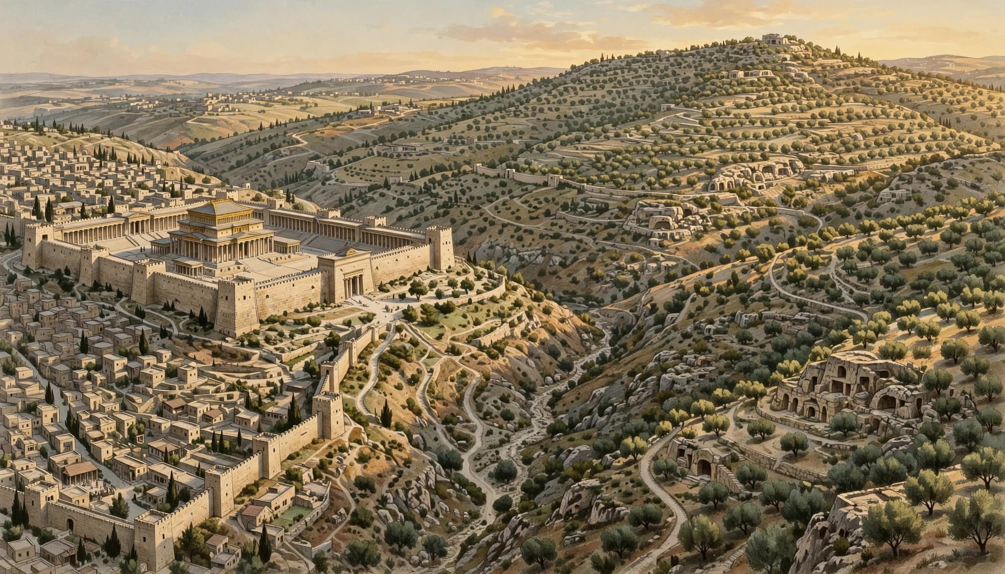 An illustrated view of ancient Jerusalem with the Second Temple and the Mount of Olives.