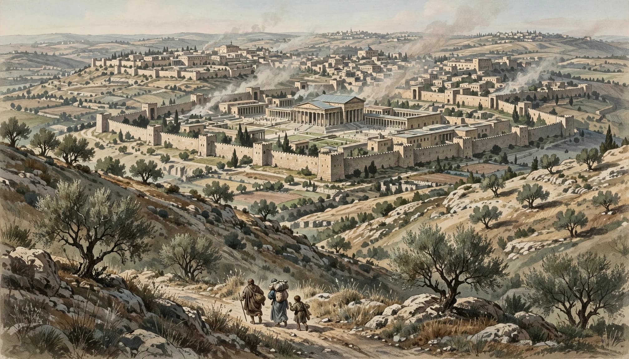 An illustrated wide landscape of ancient Jerusalem under siege, with three figures fleeing in the foreground.