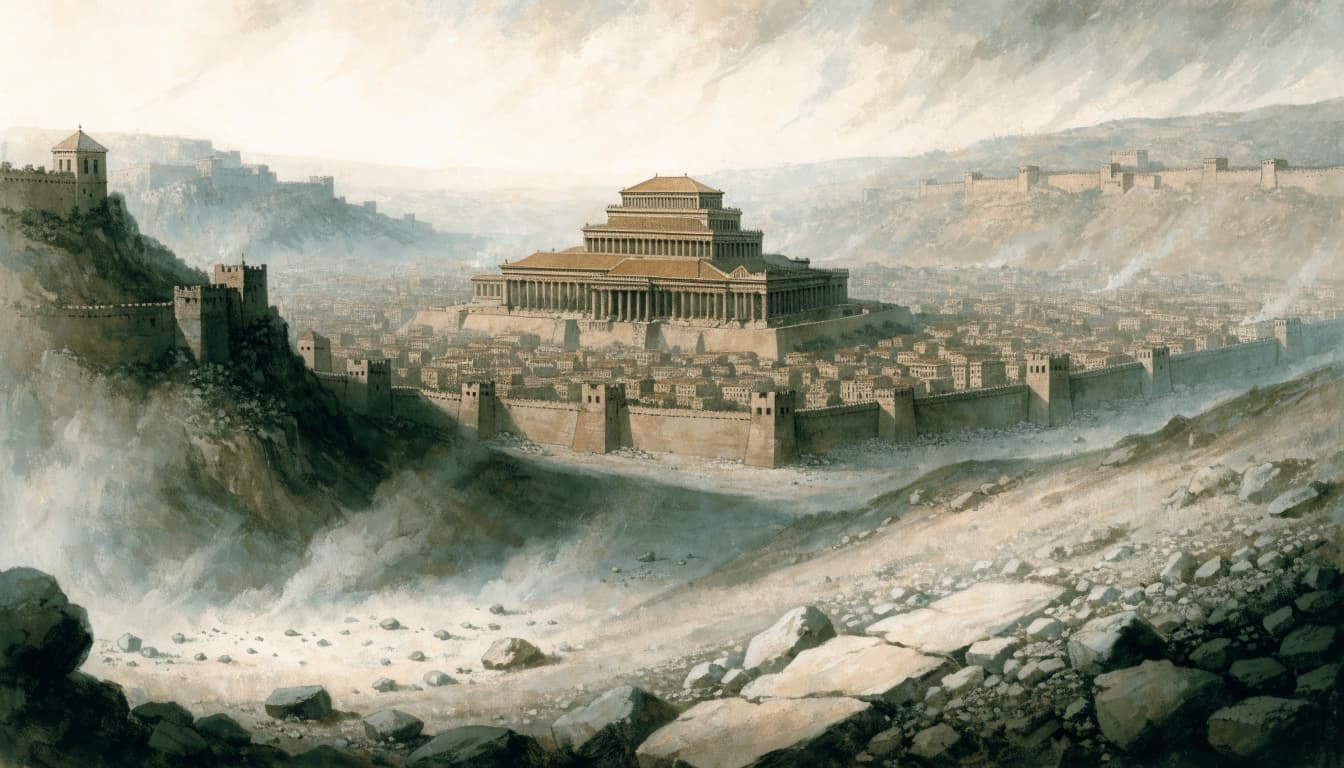 A historical illustration of the Second Temple in Jerusalem during the Roman siege, viewed across a valley.