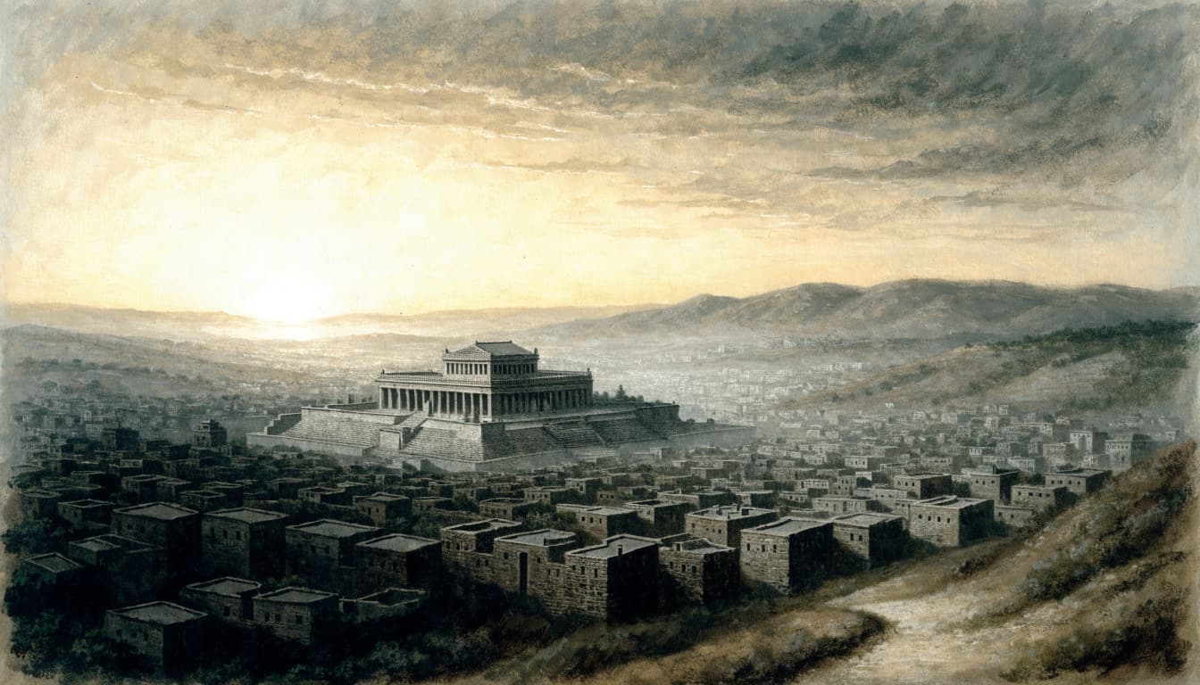 A hand-painted historical illustration of ancient Jerusalem and a temple at sunrise.