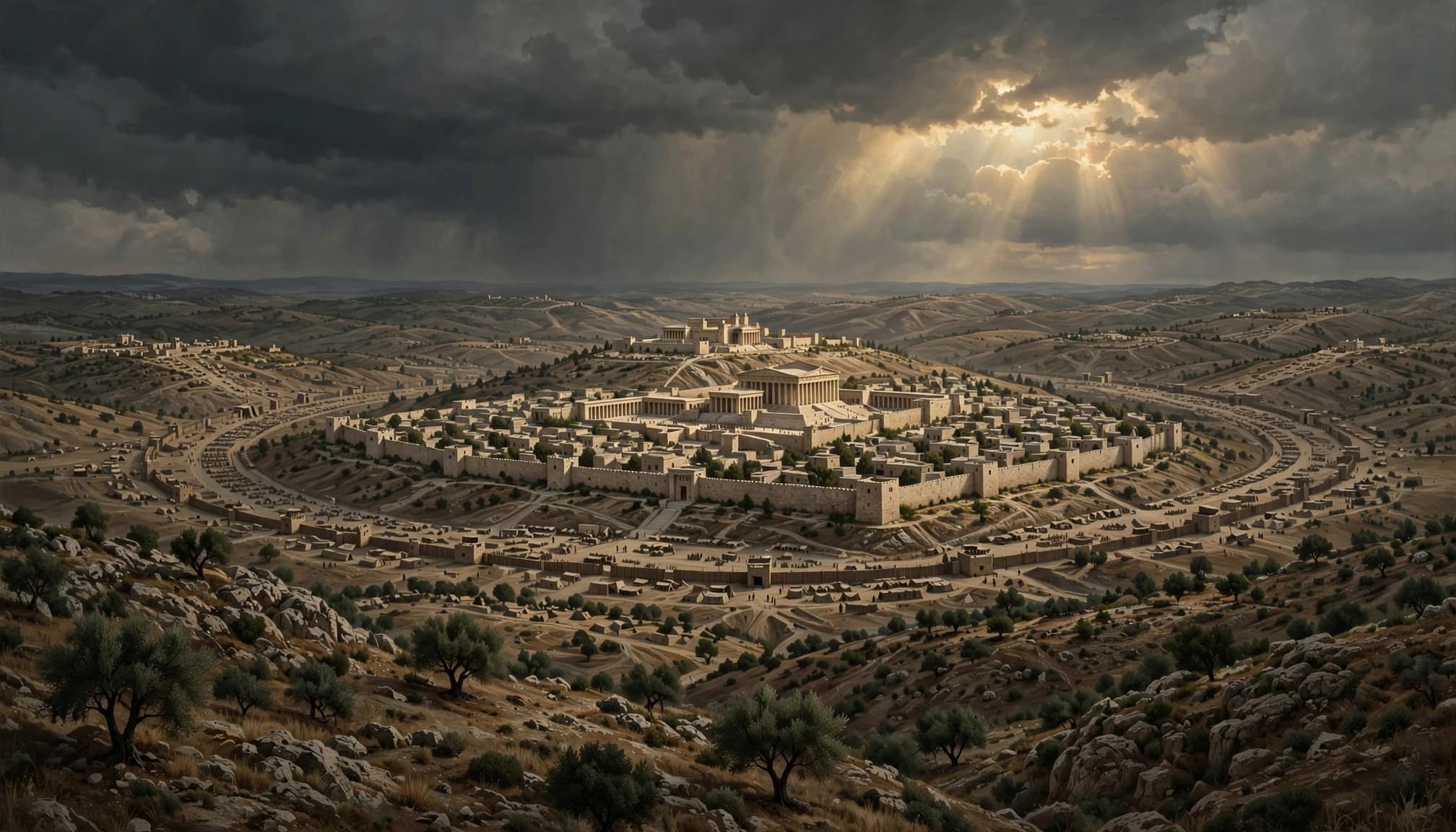 The Jerusalem temple complex surrounded by distant Roman siege camps under dark clouds.
