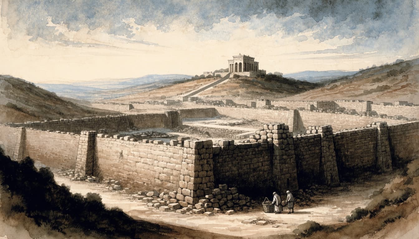 A watercolor illustration of ancient stone walls being restored with a temple in the distance.