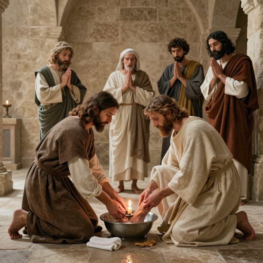 Jesus washing the feet of His disciples, symbolizing true humility and servant leadership