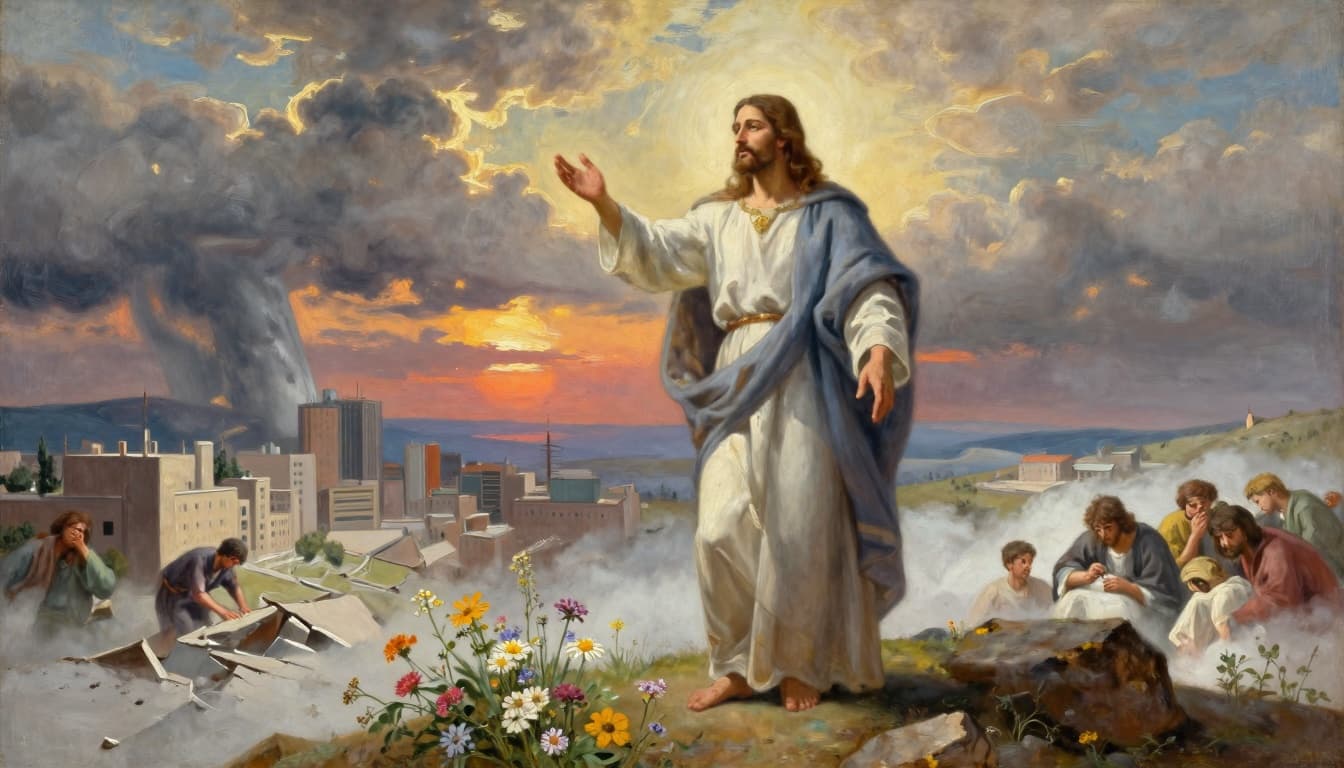 Jesus standing on a hill overlooking a broken world with storms and people in distress, yet showing compassion and hope. 