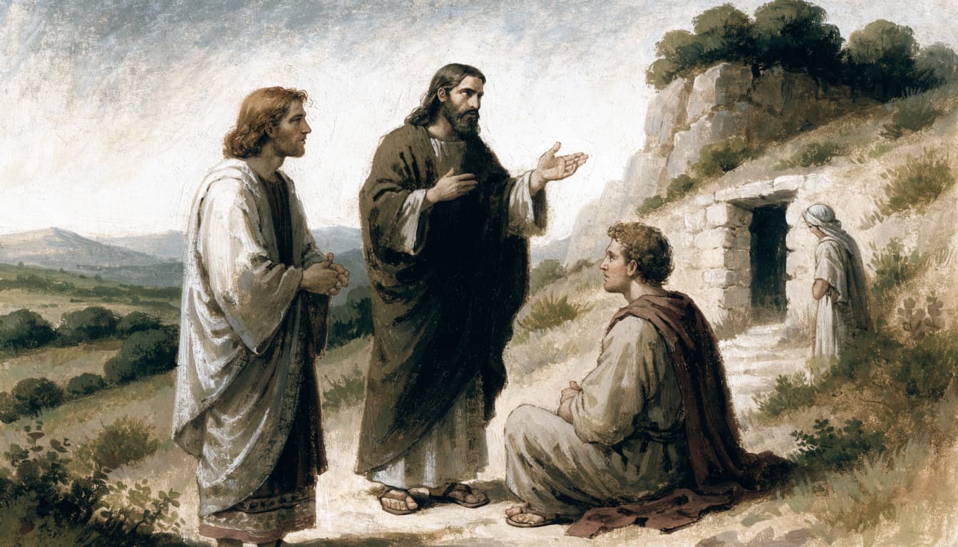 A hand-painted illustration of Jesus speaking to three disciples outdoors near a hillside.