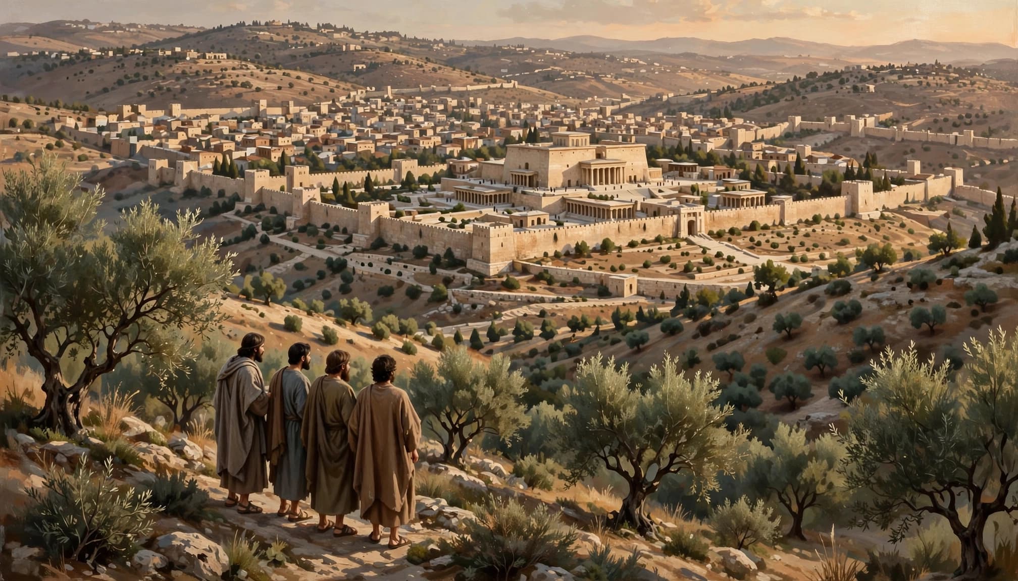 Four figures in ancient robes look out over a walled city and temple from a hillside.