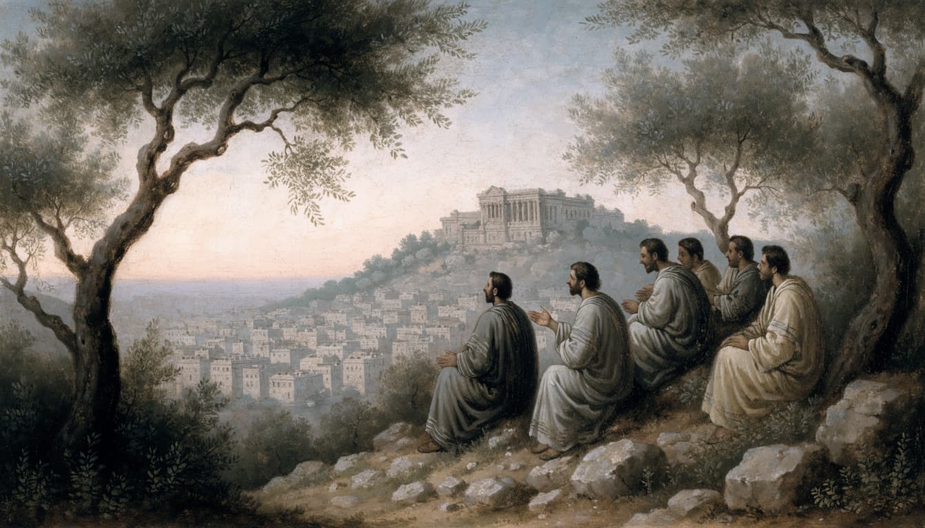 A painterly illustration of five men seated on a hillside overlooking a city at dusk.