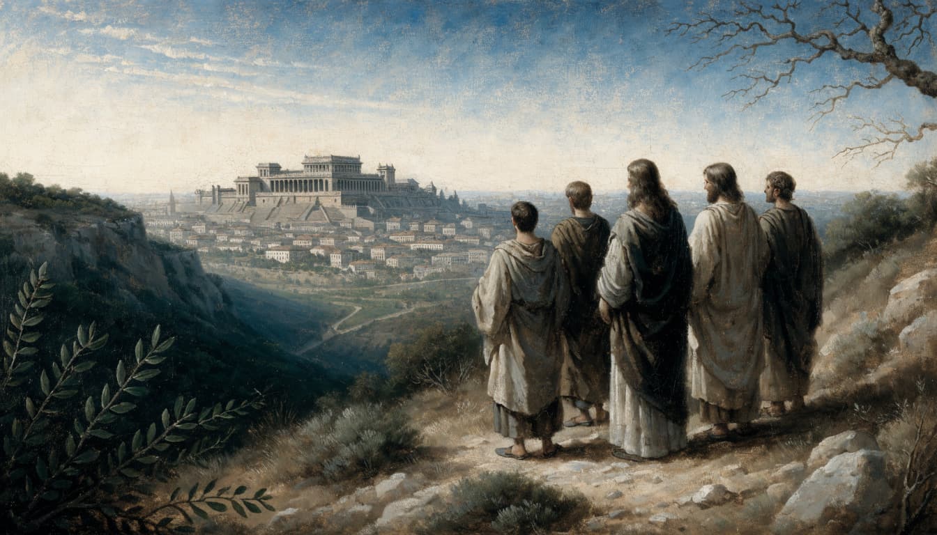A painting of five figures looking out at a city with a temple across a valley.