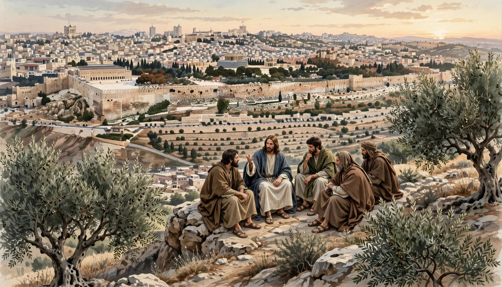 Jesus and five disciples sitting on a hillside overlooking a walled ancient city.