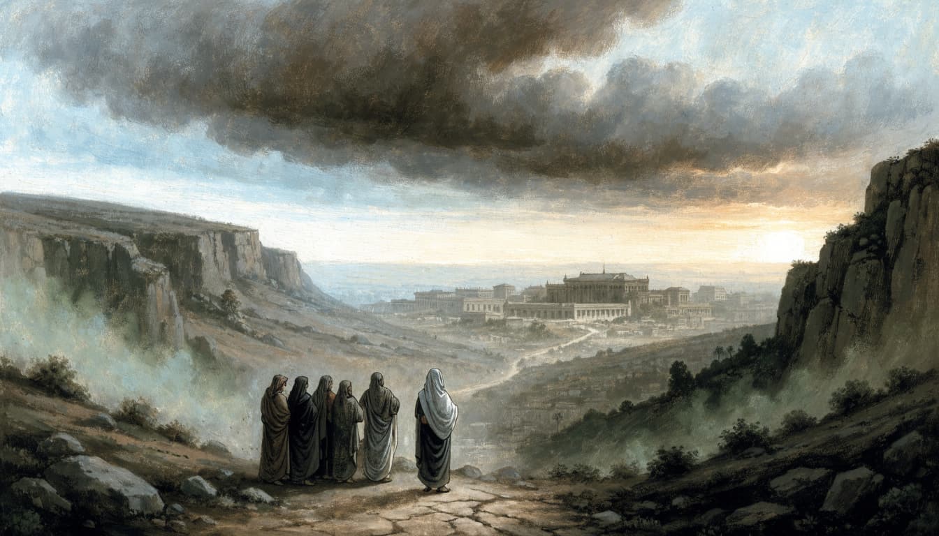 Figures in robes stand on a path overlooking a city under stormy skies.