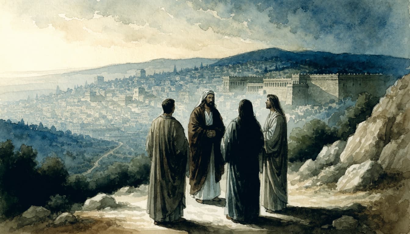 A watercolor illustration of Jesus speaking with three disciples overlooking a city and temple.