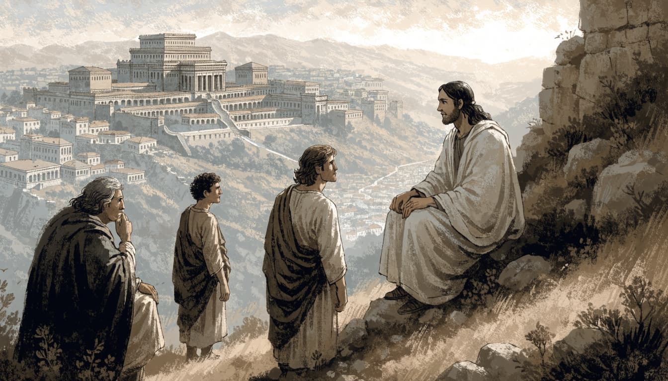 Jesus and three disciples overlook Jerusalem and a grand temple from a hillside.
