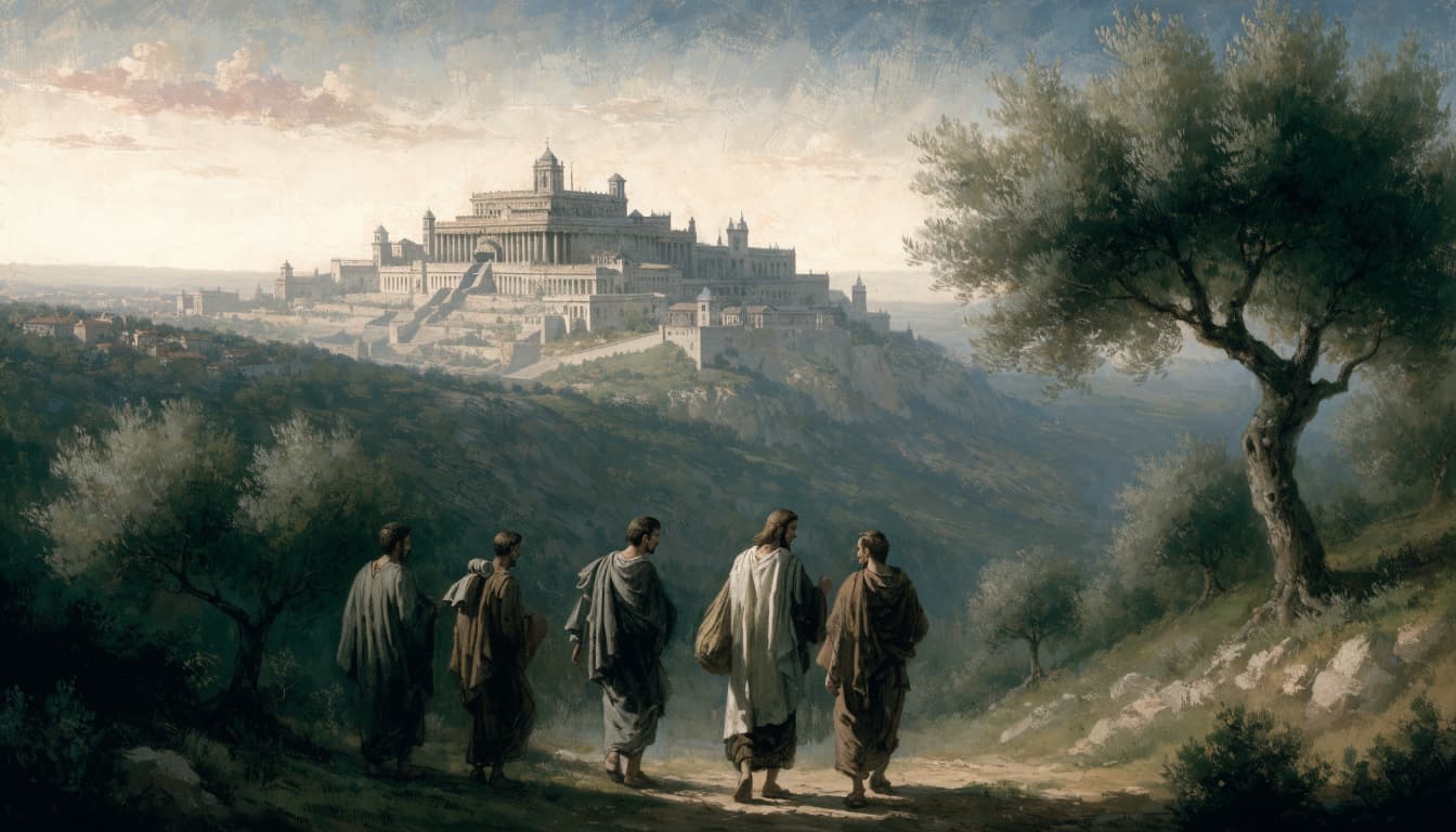 Jesus and four disciples walk along a hillside path overlooking Jerusalem and a large temple.