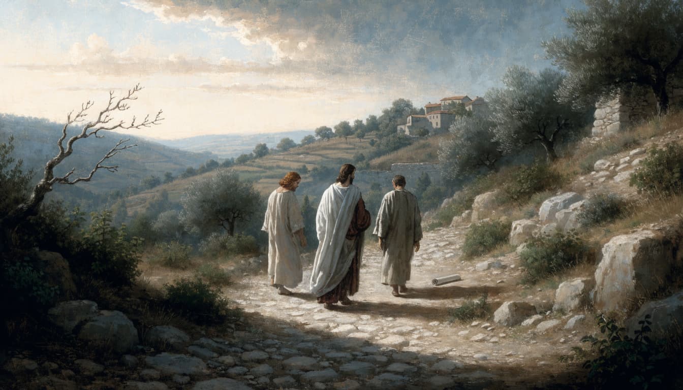 Three men walk along a rocky path in a hilly landscape with olive trees and a village in the distance.