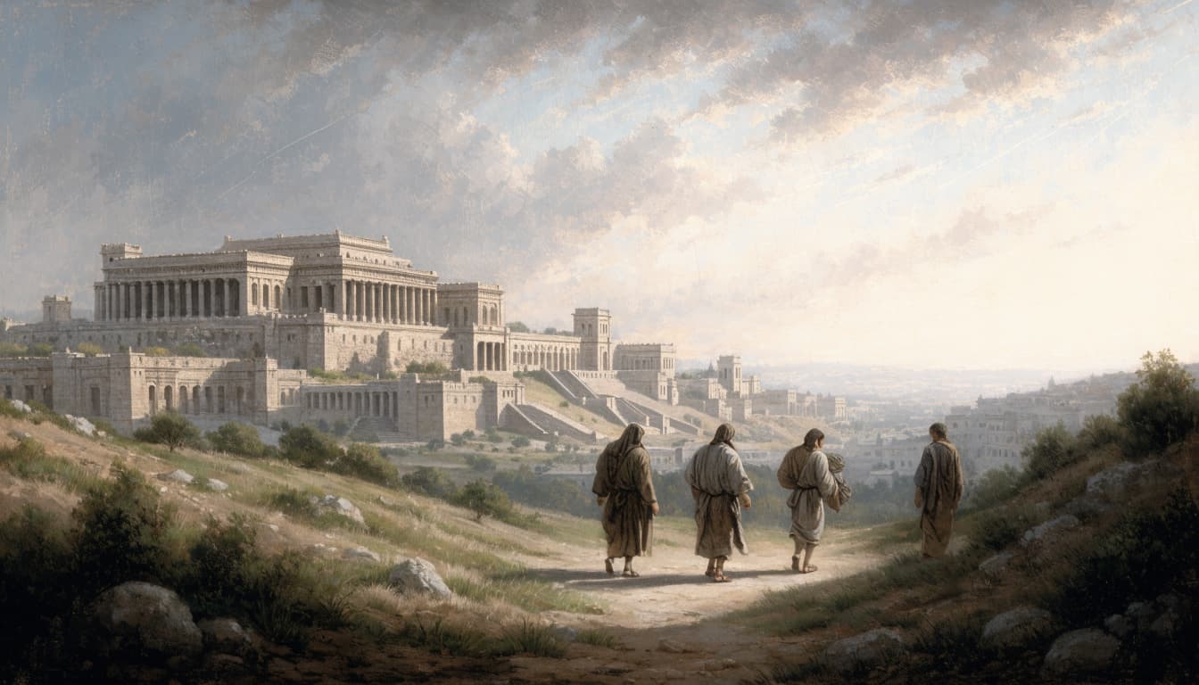 Four figures in robes walk on a hillside path overlooking a large stone temple.