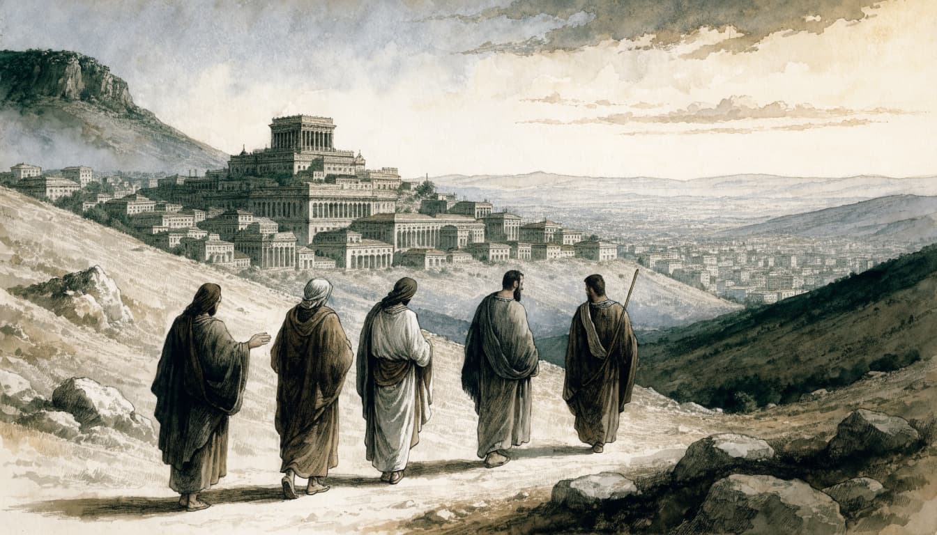 Watercolor illustration of five robed figures walking along a hillside path overlooking ancient Jerusalem.