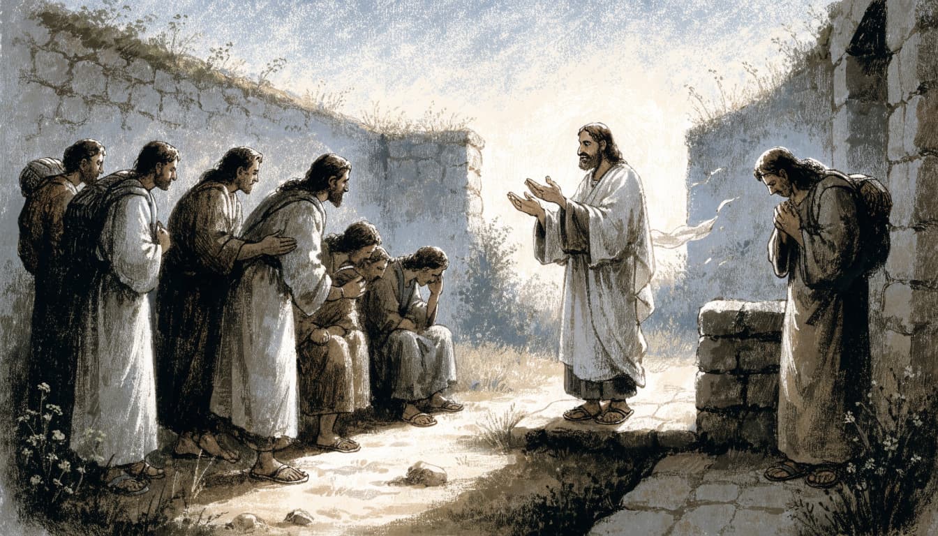 A biblical illustration of a teacher speaking to a group of listeners in a stone courtyard.