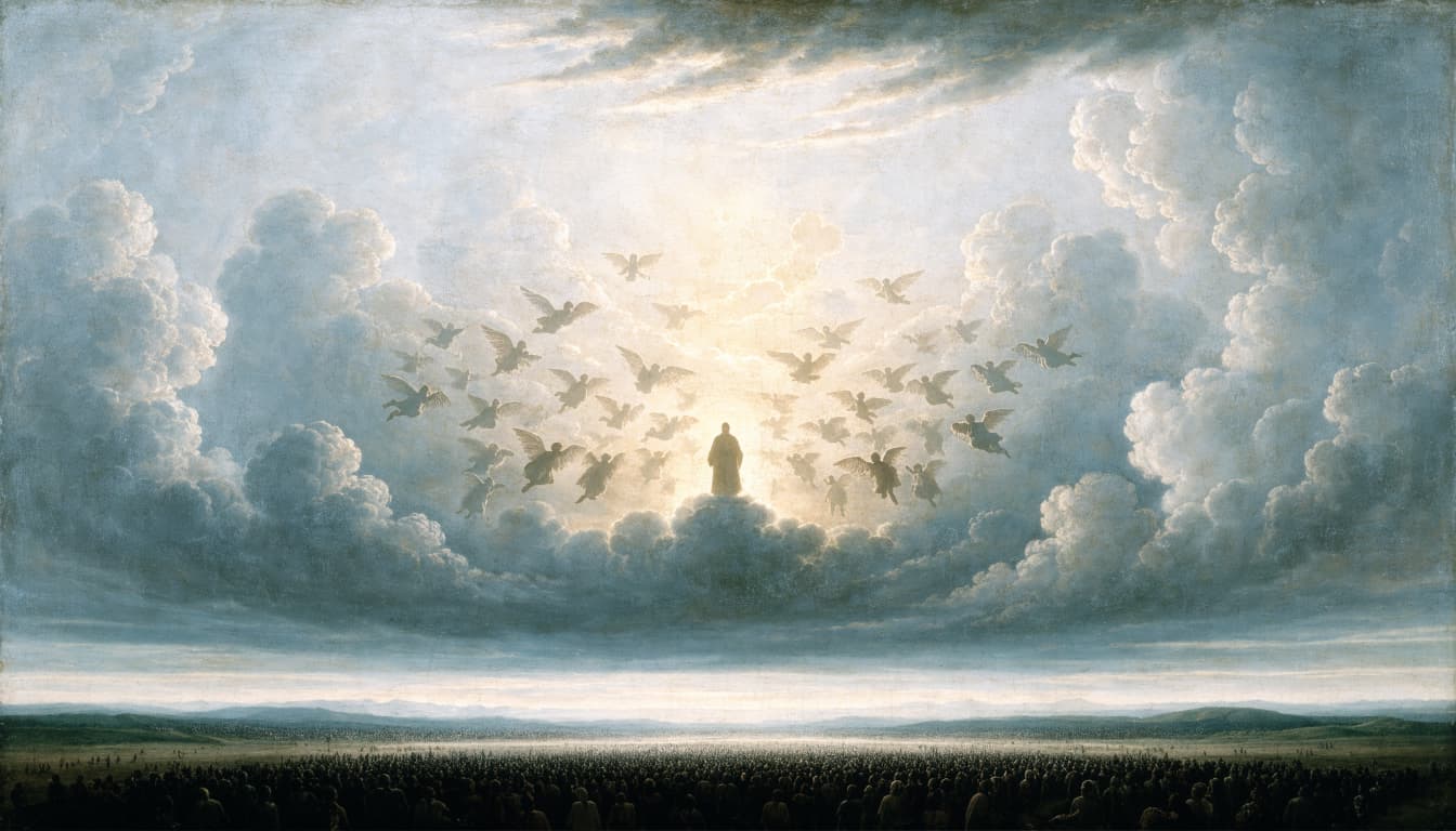 A classical painting of a small central figure in the clouds surrounded by angels above a vast crowd.