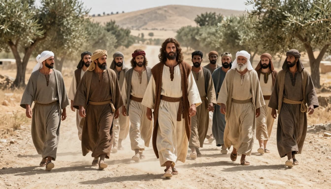 Jesus leading a diverse group of people on a dusty road