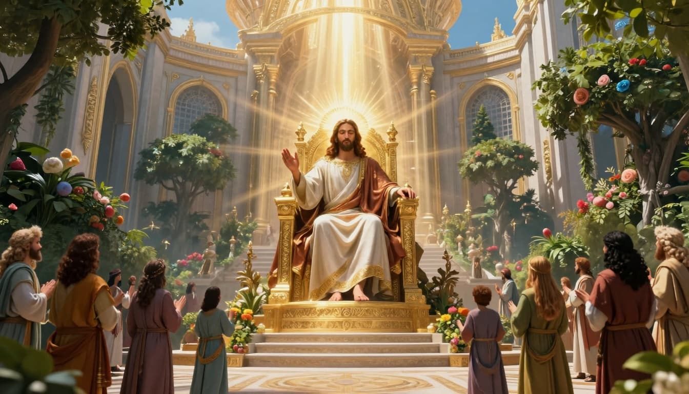 Jesus reigning from a golden Jerusalem during the Millennial Kingdom.