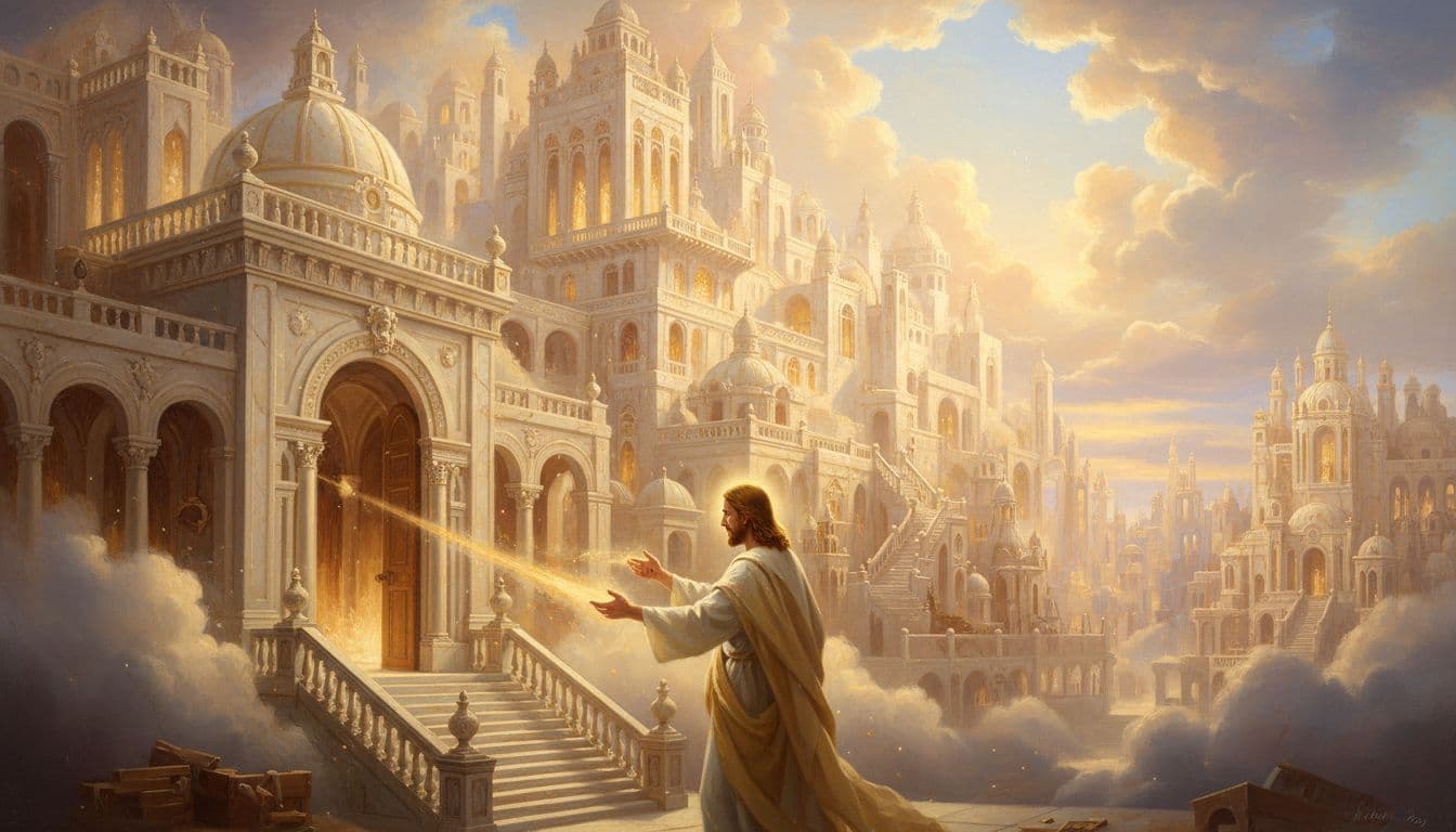 A vast Father’s house with many warm, glowing rooms and a gentle figure of Jesus preparing a place, bathed in golden light