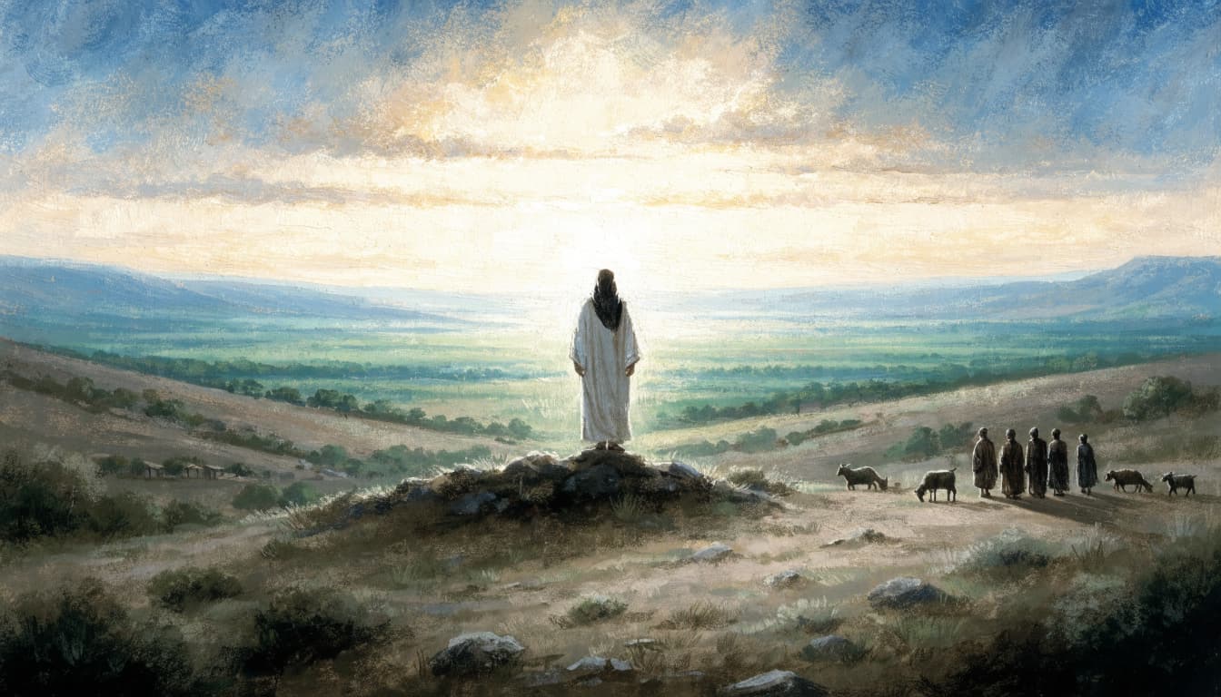 A biblical illustration of a figure standing on a hill overlooking a bright valley at sunrise with animals and people nearby.