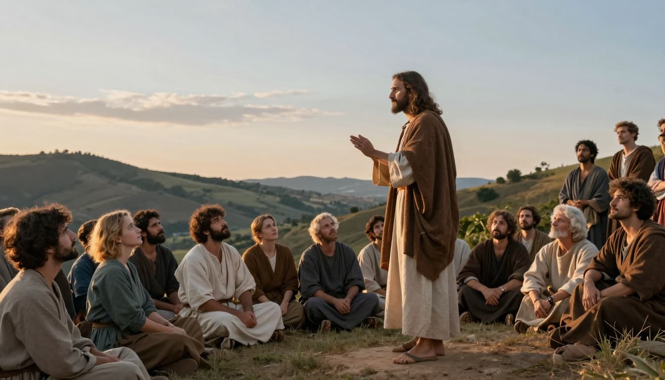 Jesus teaching a crowd on a hillside at sunset