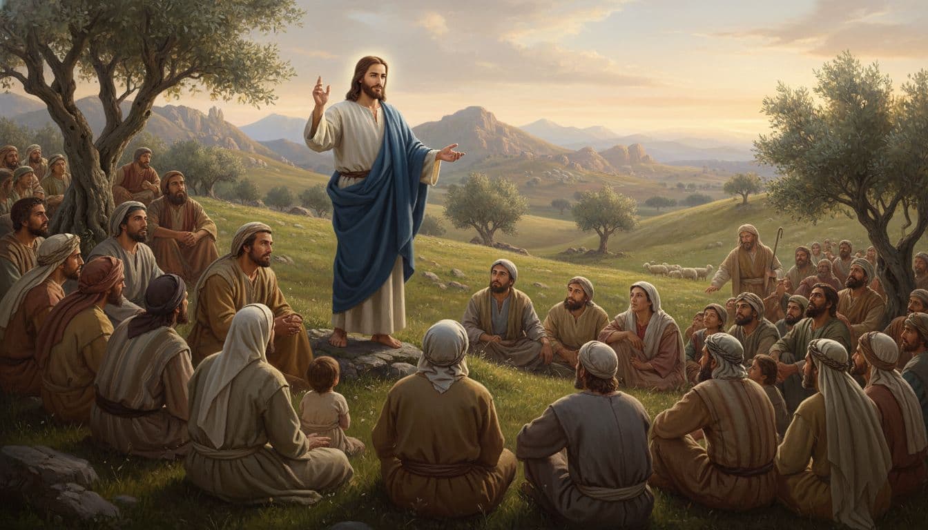 Jesus teaching the Sermon on the Mount on a hillside in Galilee, with listeners seated and attentive.
