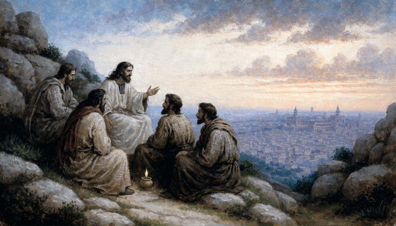 A painting of Jesus teaching four disciples on a rocky hillside at dusk, overlooking a distant city.