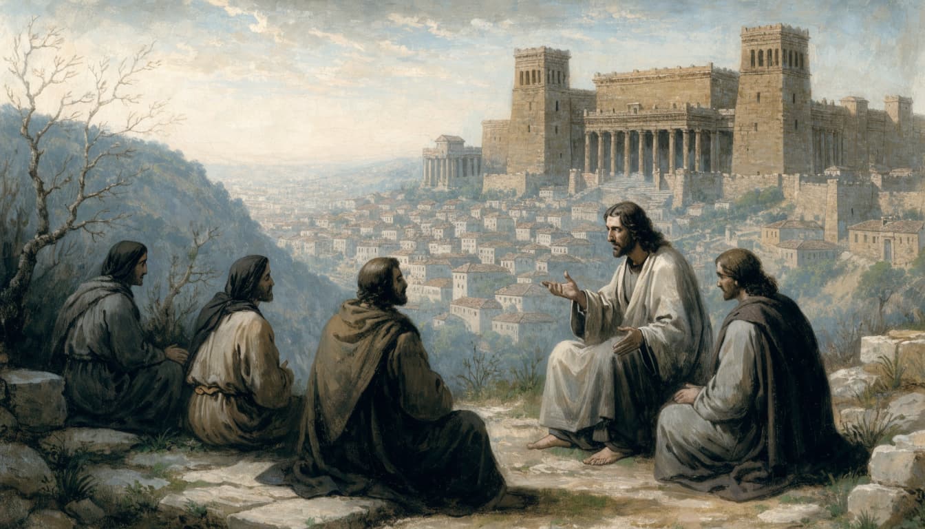 Jesus teaches four disciples seated on a hillside overlooking Jerusalem and a temple.