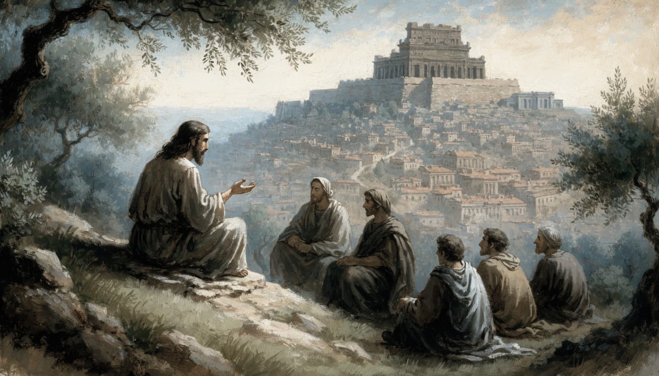 An illustration of Jesus teaching five disciples outdoors with Jerusalem in the background.
