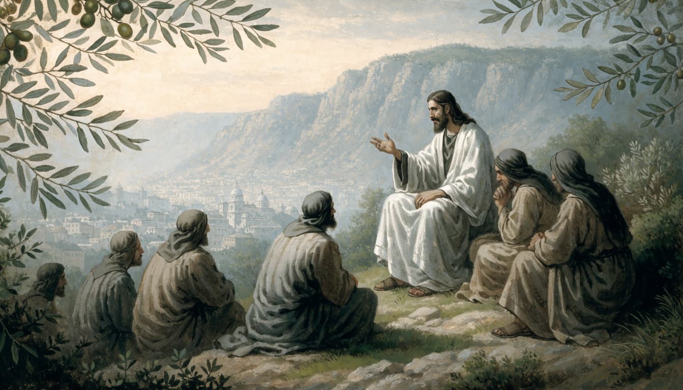 An illustration of Jesus teaching a group of disciples outdoors with a city in the distance.