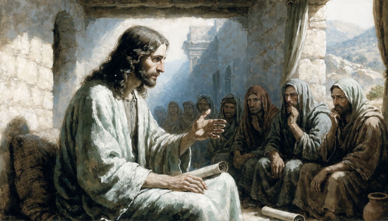 A painting of Jesus teaching a group of seated listeners inside a stone synagogue.