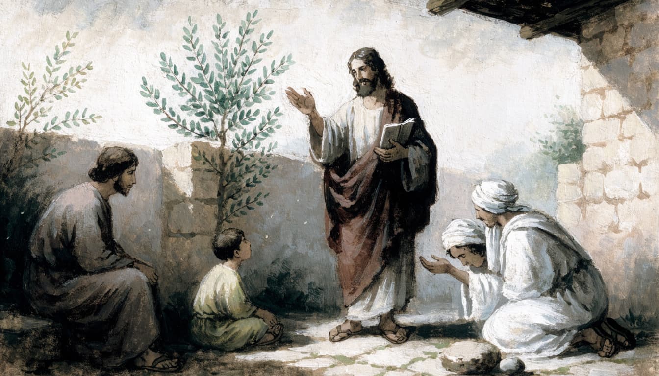 A biblical illustration of Jesus teaching a small gathering and healing a sick person in a courtyard.