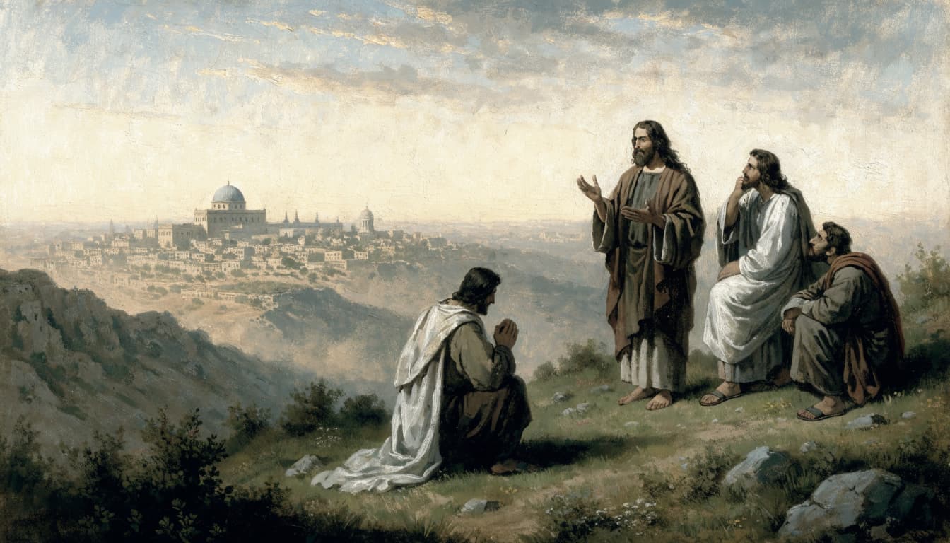 A biblical illustration of Jesus teaching three disciples outdoors with a city in the distance.