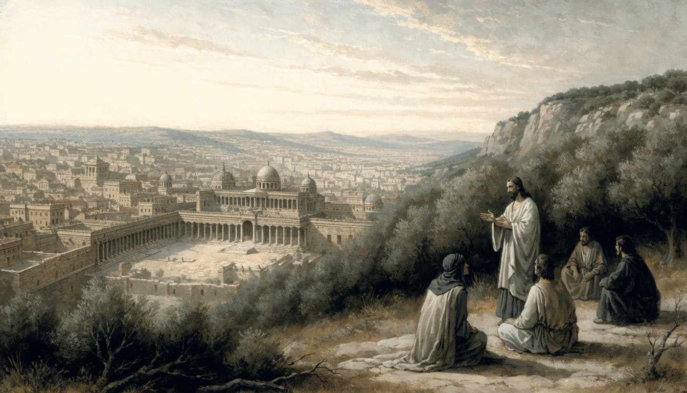 Jesus teaches four disciples on the Mount of Olives overlooking ancient Jerusalem and the temple.