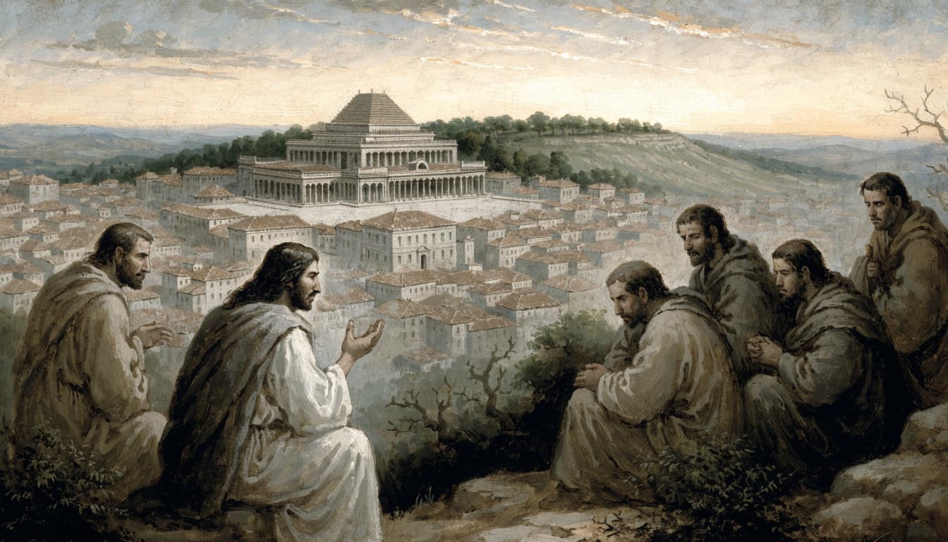 A biblical painting of Jesus teaching four disciples on a hill overlooking Jerusalem at sunset.