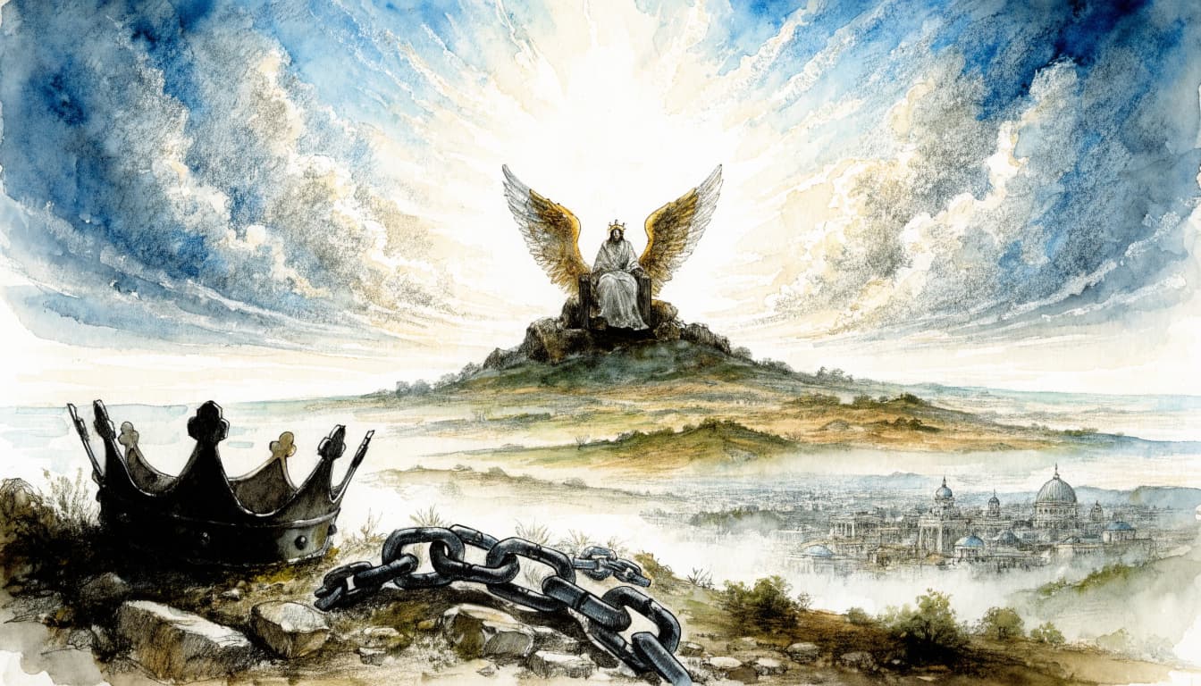Watercolor illustration of a crowned figure with wings on a distant throne overlooking a city and broken crown.