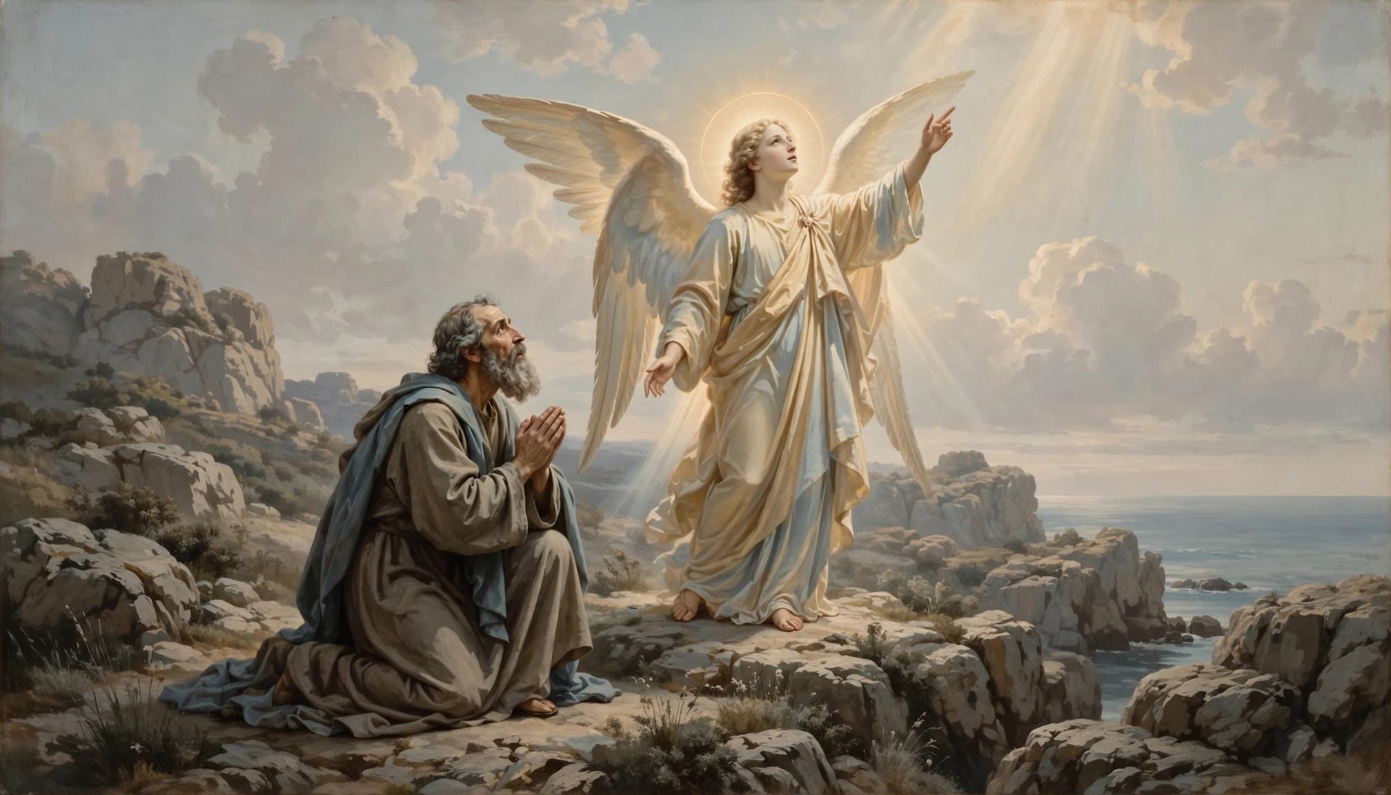 An angel with wings points upward toward the sky as a man kneels in awe on a rocky shore.