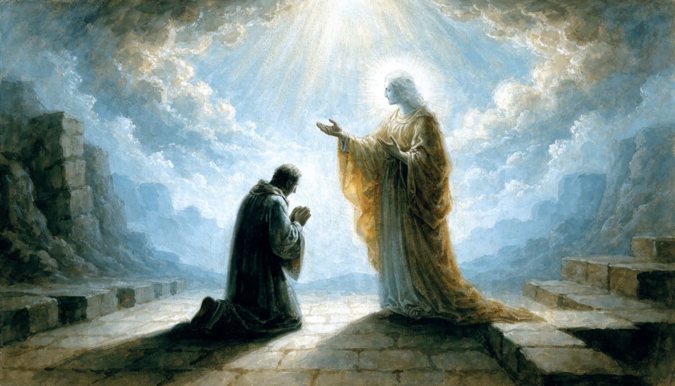 An illustrated scene of a man kneeling in prayer before a radiant figure against a cloudy sky.