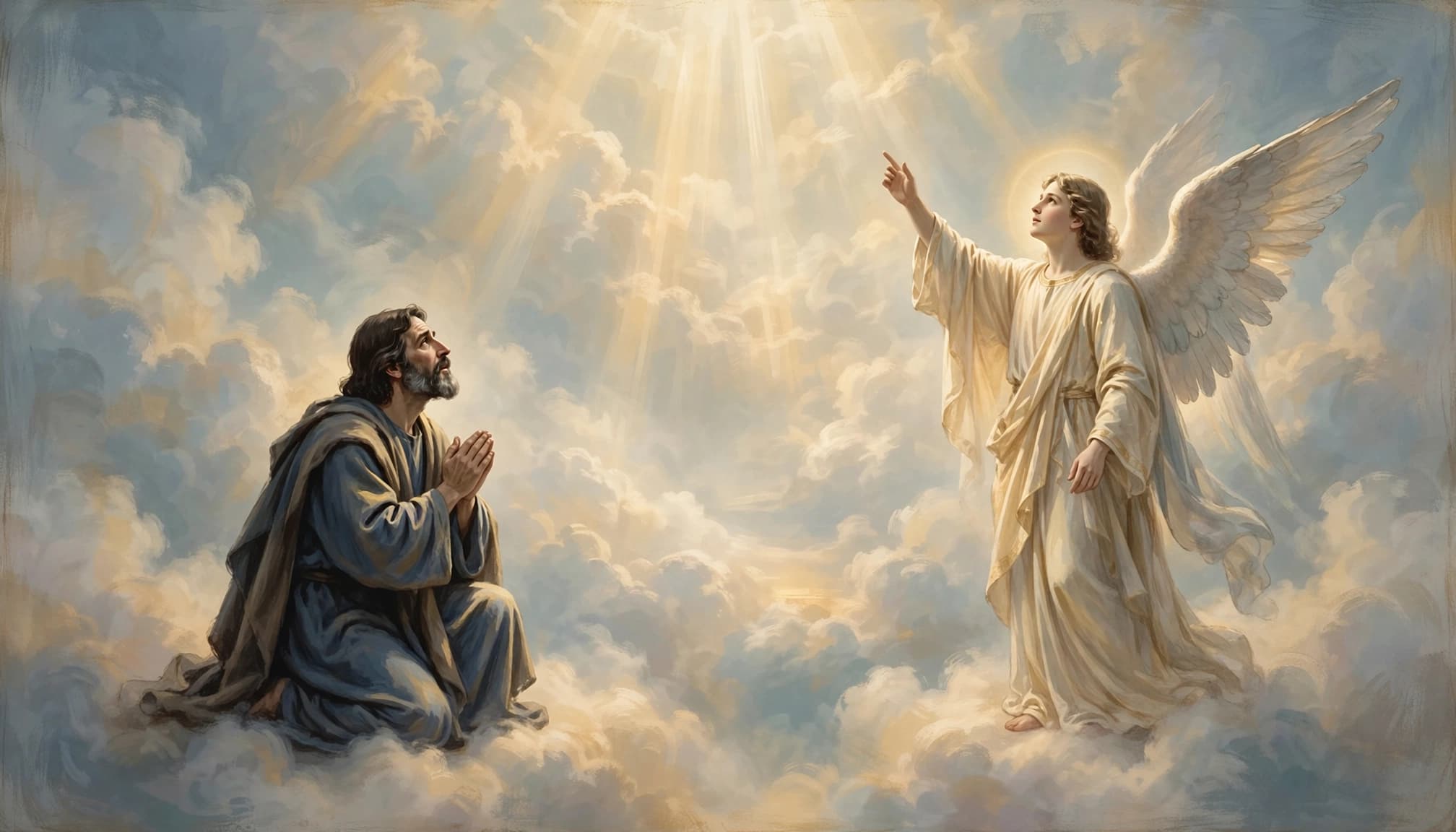 A classical illustration of a man kneeling in prayer before a winged angel gesturing upward in the clouds.