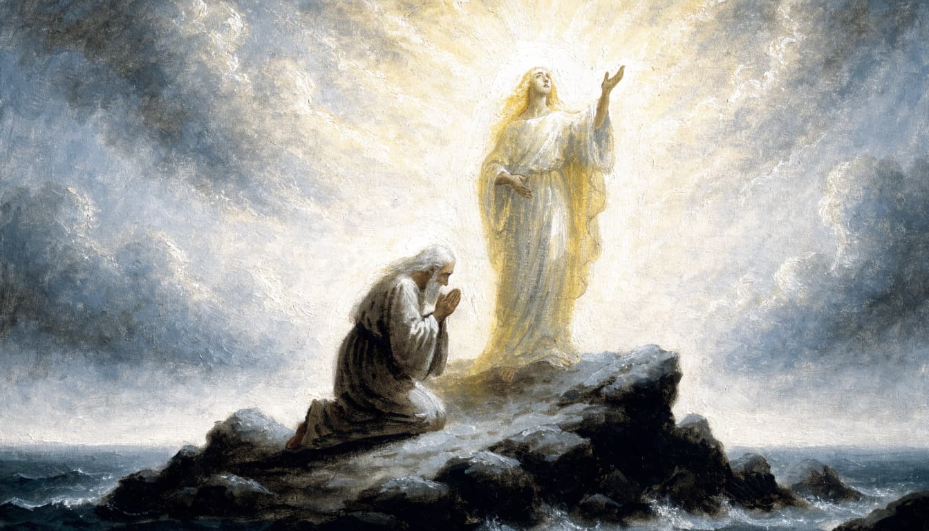 A hand-painted illustration of an elderly man kneeling in awe before a radiant angel on a rocky shore.