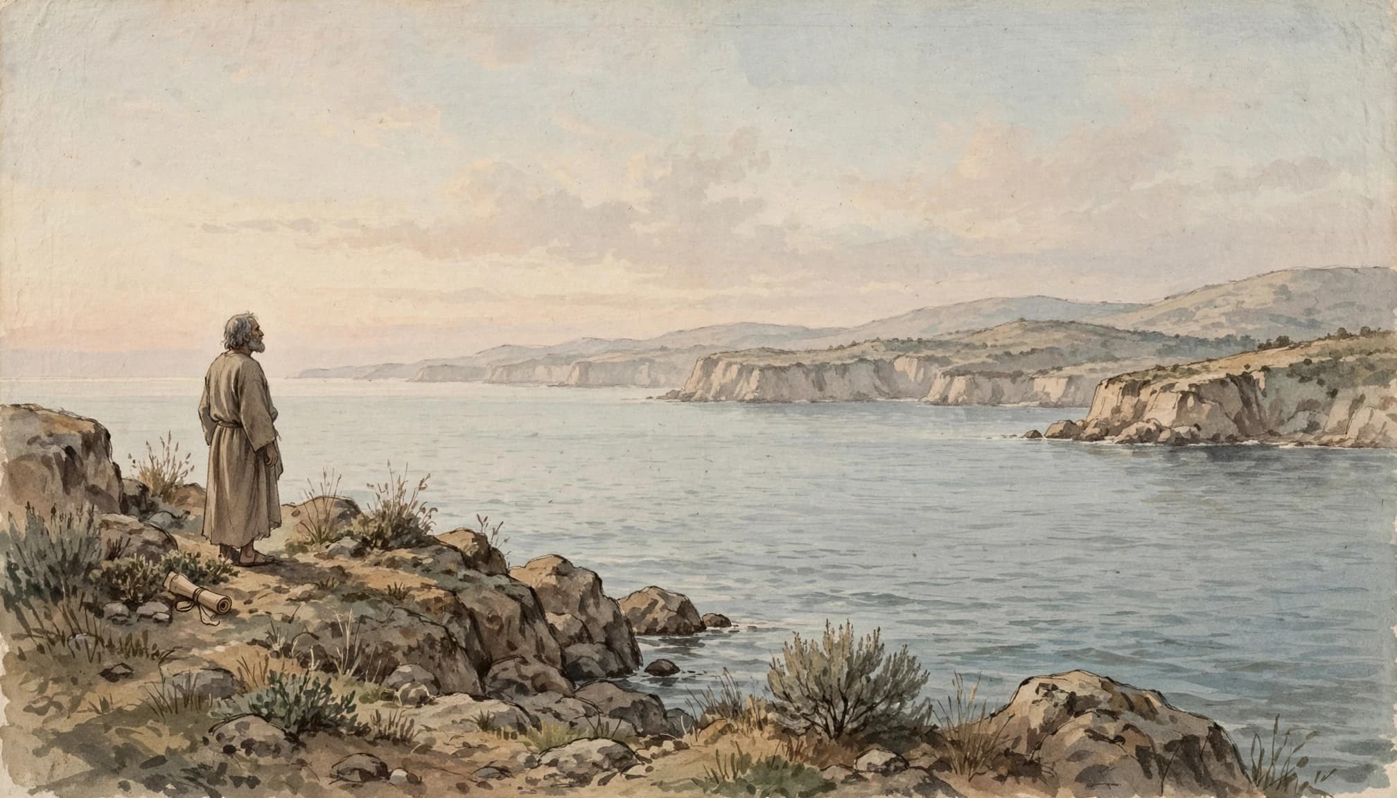 Watercolor painting of an elderly man in a robe standing on a rocky cliff overlooking the sea.
