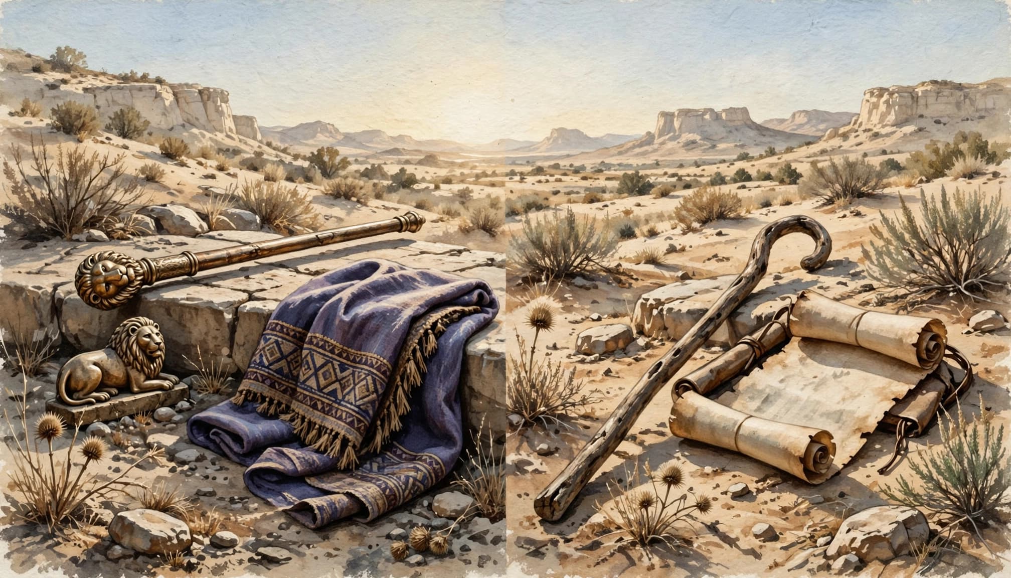 A split desert landscape with a royal staff and purple cloth on the left, and a wooden staff and scroll on the right.