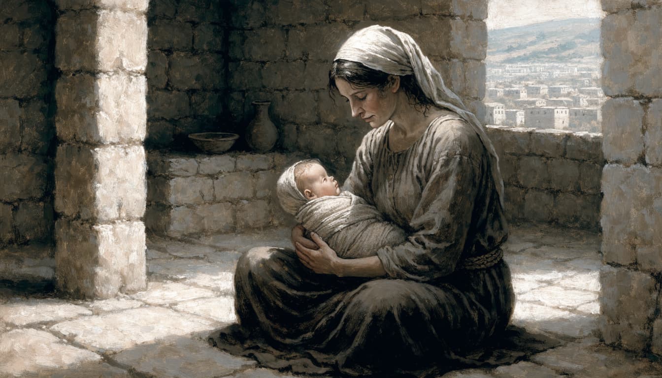 An ancient Judean mother holding a swaddled infant in a stone home.