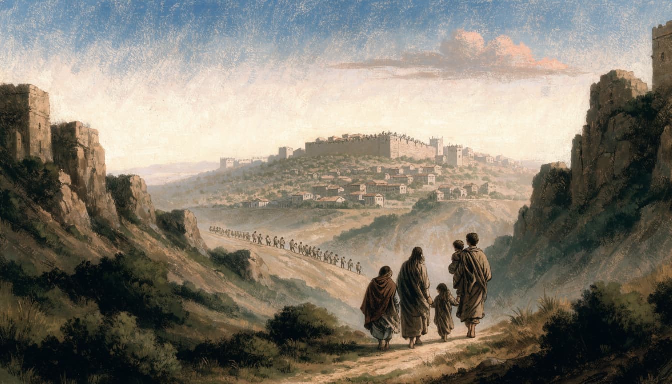 An illustration of a family walking along a path away from a distant walled city in a landscape.