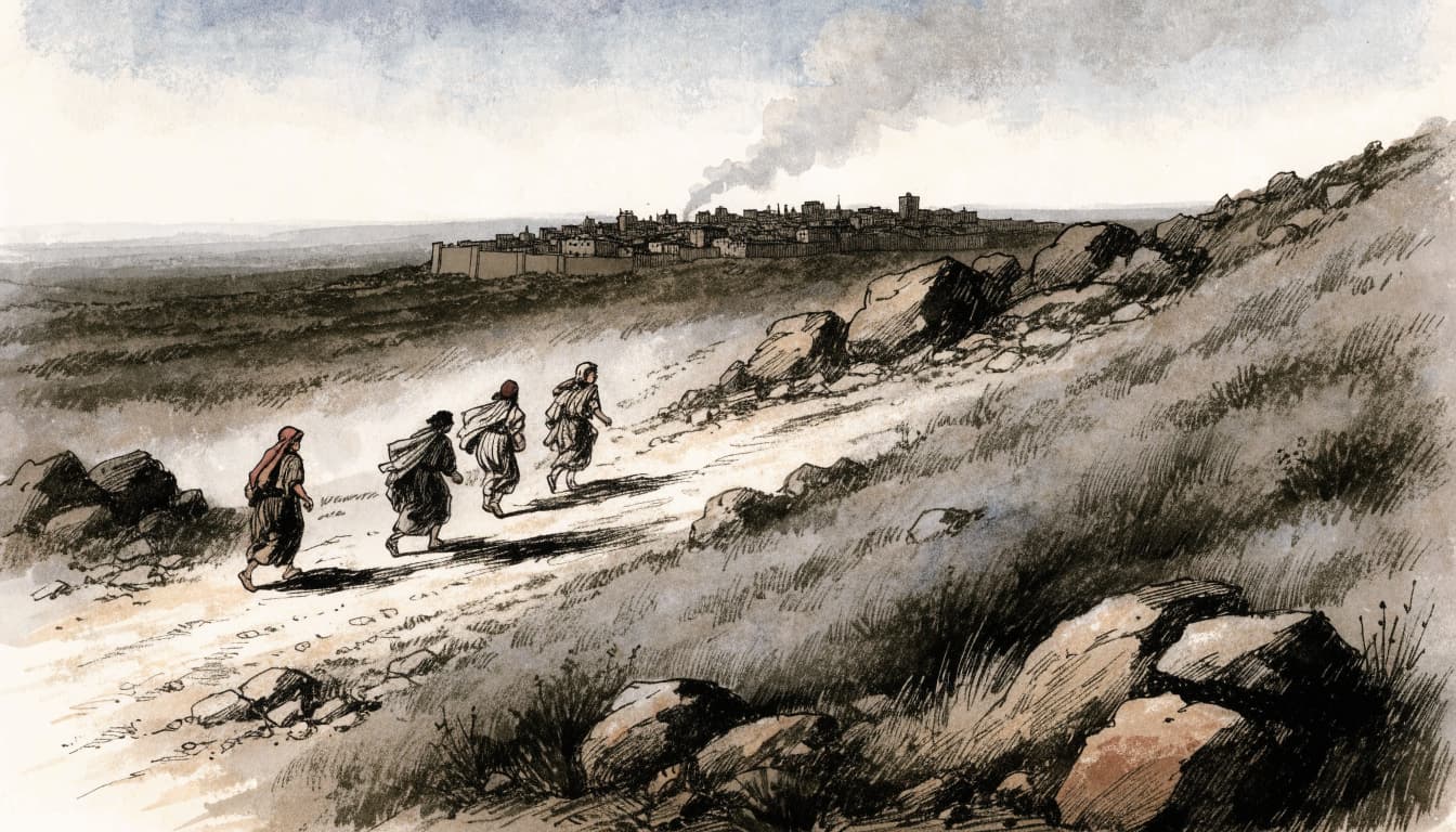 An ink-and-wash illustration of four people walking along a rocky hillside path away from a walled city.