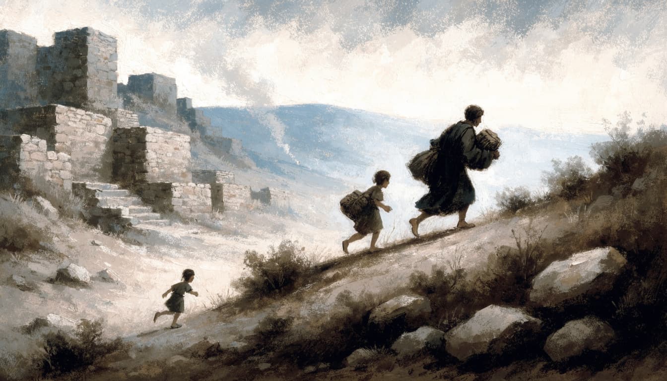 A hand-painted biblical illustration of three figures fleeing an ancient stone settlement toward dry hills.