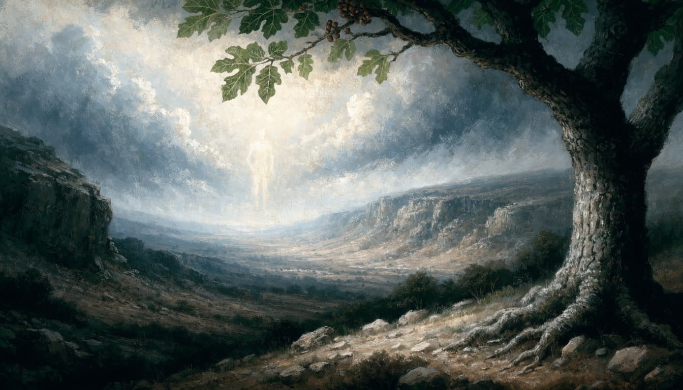 A large fig tree overlooks an ancient Judean hillside under a cloudy sky with a luminous figure in the distance.